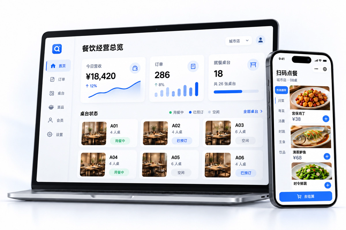扫码点餐与餐饮经营系统，示意图