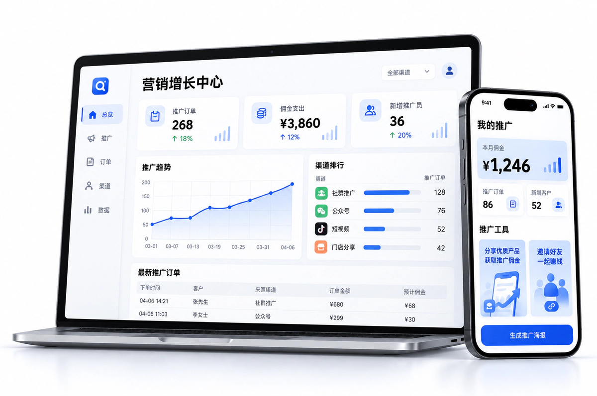 推广分销与营销增长系统，示意图
